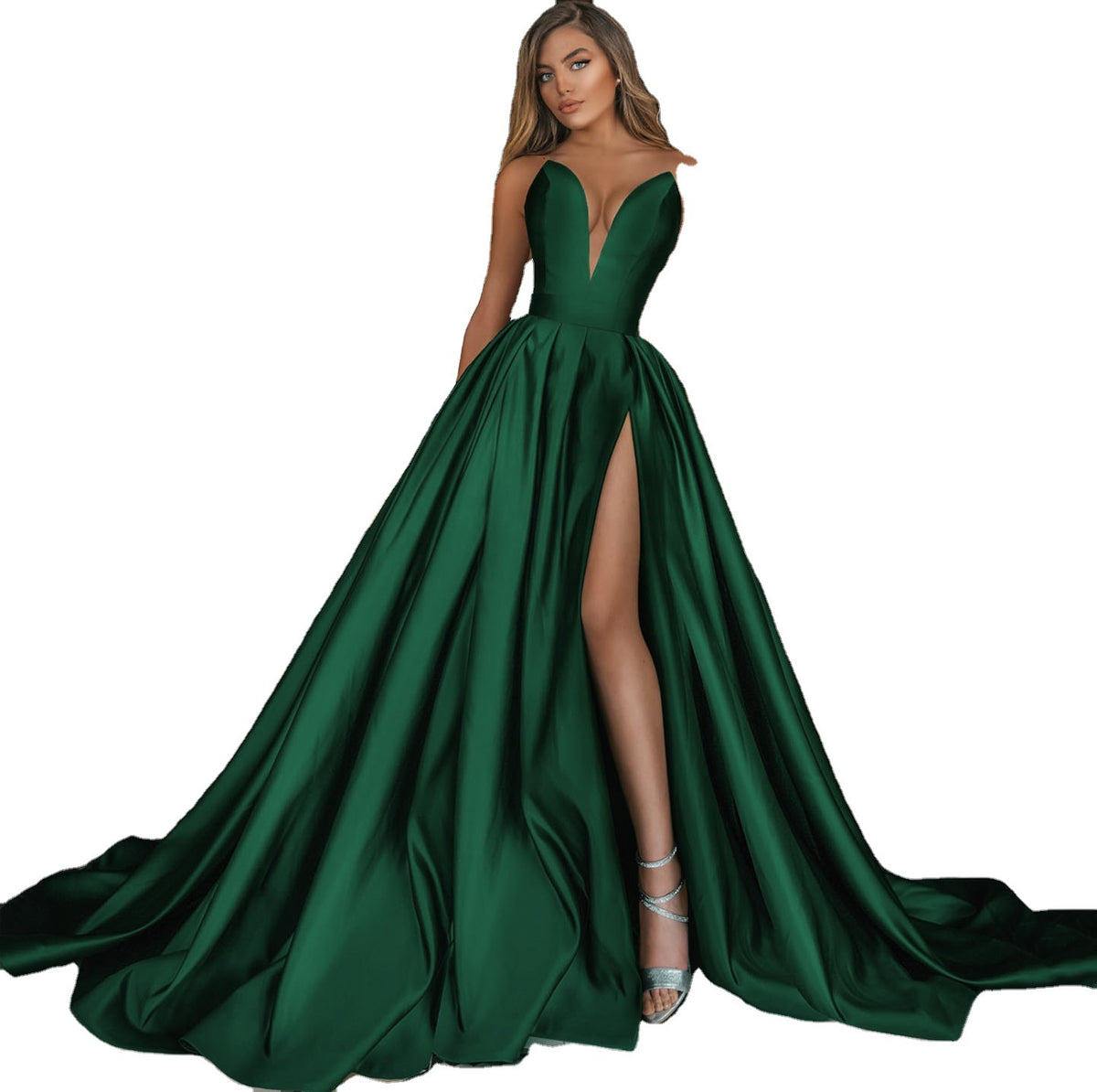 Style Deep V-Neck Sleeveless Forked Hem Long Dress Wedding Dress