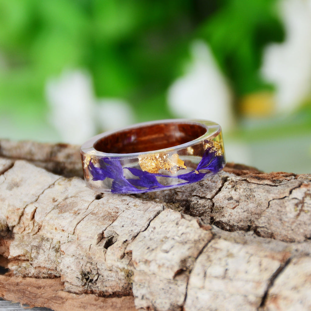 Fashion Handmade Dried Flower Wedding Jewelry Love Ring Transparent Epoxy Resin Ring Wood Resin Ring For Women