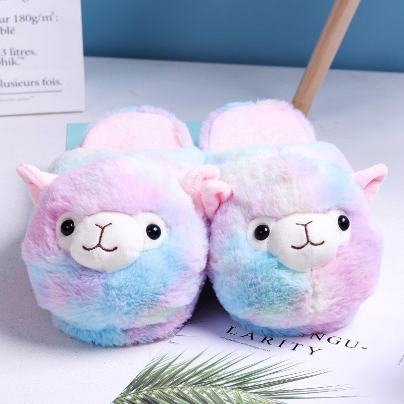 Cute Cartoon Alpaca Home Women Fur Slippers Winter Warm Plush Parent-child Floor Slides House Flat Bedroom Women Furry Slippes