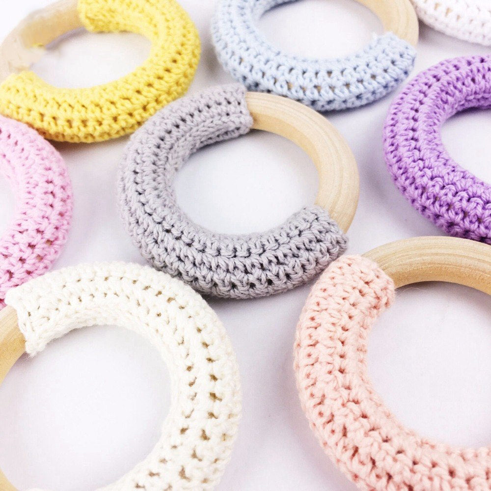 Let's Make Wood Teether Baby Teething 10pc Toy Natural Maple Cotton Wooden Ring Chunky Crochet Ring Teething Ring Baby teether