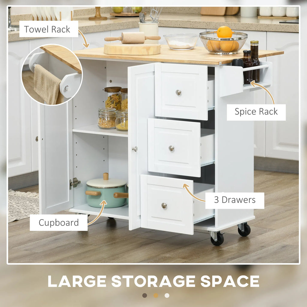 Rolling Kitchen Island Cart with Drop Leaf – 3 Drawers, Cabinet, Spice Rack & Towel Rack (United States & Canada Delivery Only)