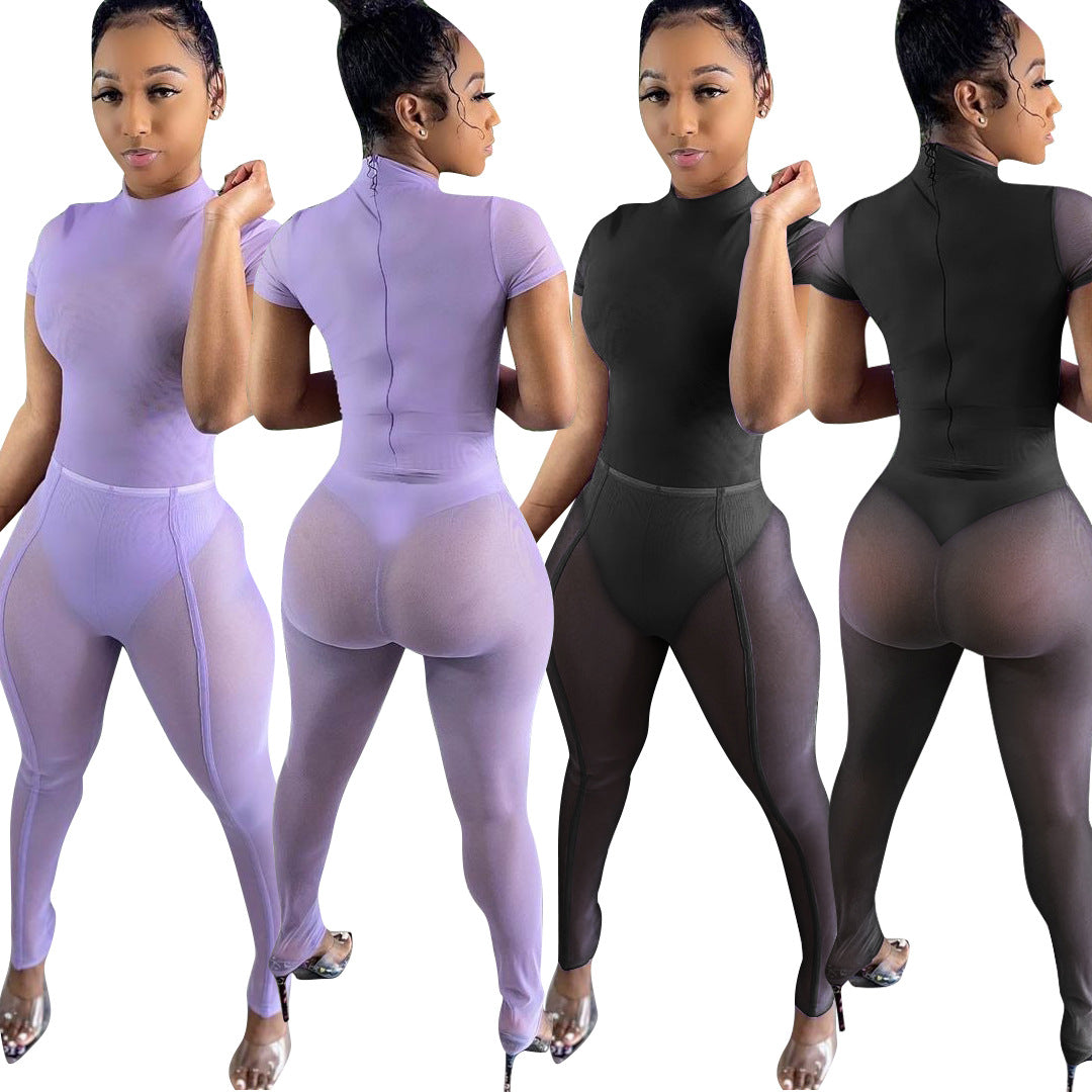 Spring And Summer New Cross-Border European And American Style Women's Mesh Bodysuit Tights Suit