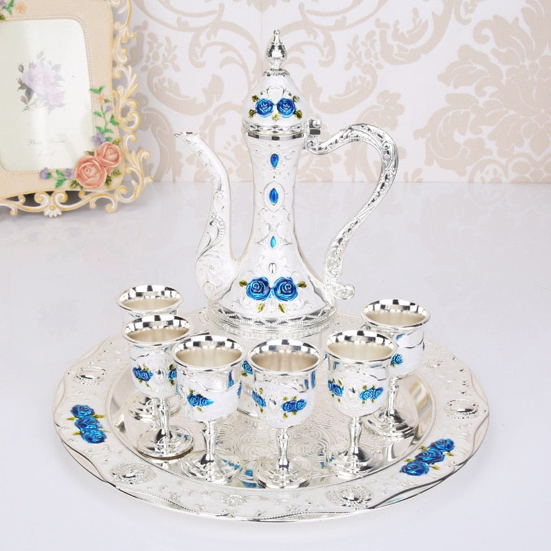 Retro Palace Wine Set Wedding Zinc Alloy Metal Gold/Silver And White Flagon Gift Set Home Decor 8Pcs=1 Plate+ 1 Wine Pot +6Cups