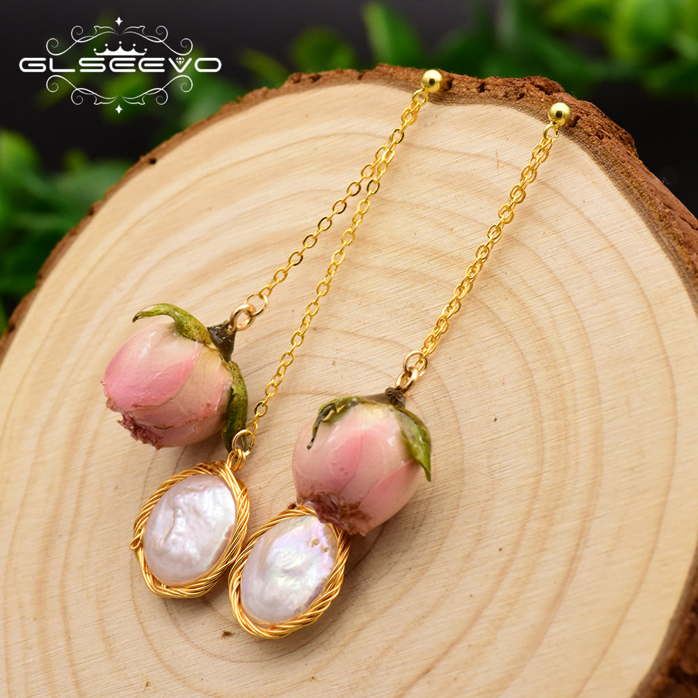 GLSEEVO Natural Fresh Water Baroque Pearl Dangle Earrings For Women Flower Drop Earrings Wedding Gifts Fine Jewellery