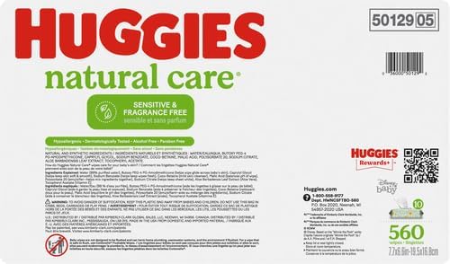 Huggies Sensitive Baby Wipes, Natural Care Baby Diaper Wipes, Unscented, Hypoallergenic, 99% Purified Water, 10 Flip-Top Packs (560 Wipes Total)