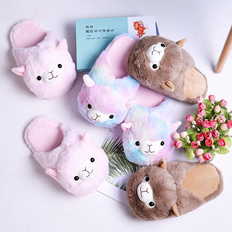 Cute Cartoon Alpaca Home Women Fur Slippers Winter Warm Plush Parent-child Floor Slides House Flat Bedroom Women Furry Slippes