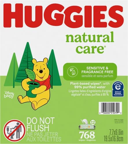 Huggies Sensitive Baby Wipes, Natural Care Baby Diaper Wipes, Unscented, Hypoallergenic, 99% Purified Water, 10 Flip-Top Packs (560 Wipes Total)