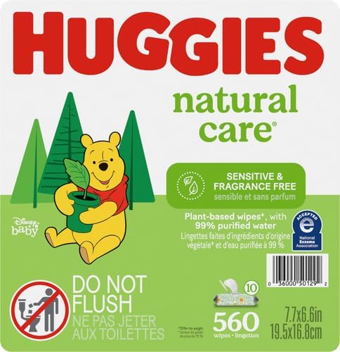 Huggies Sensitive Baby Wipes, Natural Care Baby Diaper Wipes, Unscented, Hypoallergenic, 99% Purified Water, 10 Flip-Top Packs (560 Wipes Total)