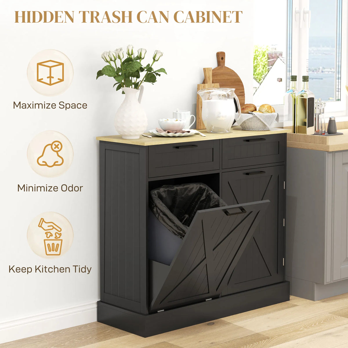 10-Gallon Tilt-Out Trash Cabinet – Hidden Garbage Bin Storage with 2 Drawers (United States & Canada Delivery Only)