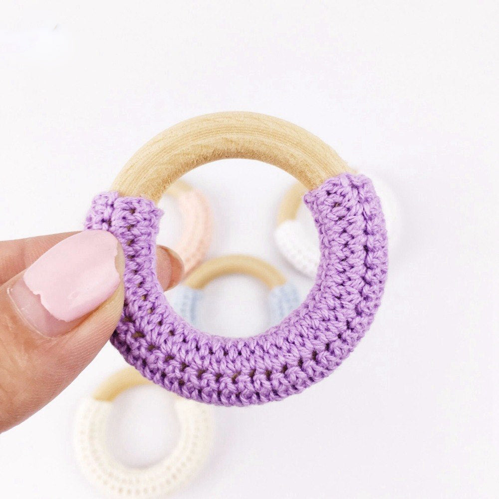 Let's Make Wood Teether Baby Teething 10pc Toy Natural Maple Cotton Wooden Ring Chunky Crochet Ring Teething Ring Baby teether