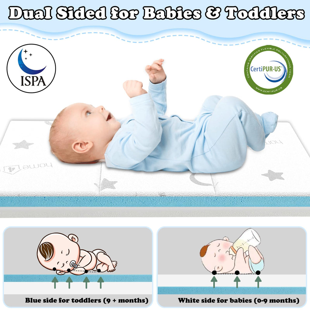 Home4me Pack and Play Mattress, 38" x 26" x 2.4", Portable, Trifold, Waterproof, Dual Sided (Firm & Soft) Mini Crib Mattress, Baby Toddler Memory Foam Mattress Pad for Play Pen 🍁 All In One Marketplace Canada