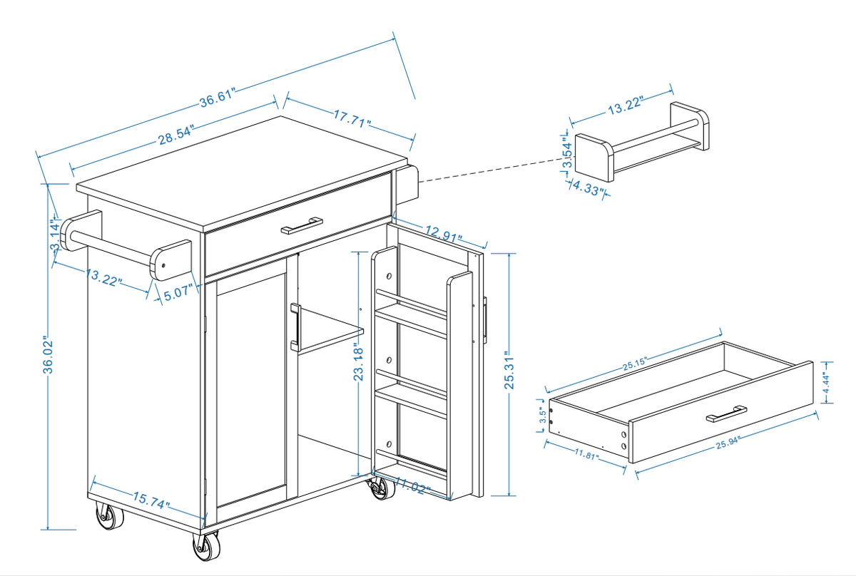 Kitchen island rolling trolley cart with 1 drawer & 2 doors with storage racks & Adjustable Shelves & towel rack