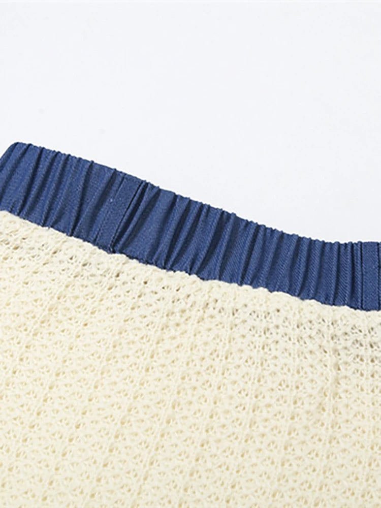 Women's 2 Pcs Set Denim Patch Design Knitted O-neck Short Pullover Elastic Waist Miniskirts Autumn New Fashion