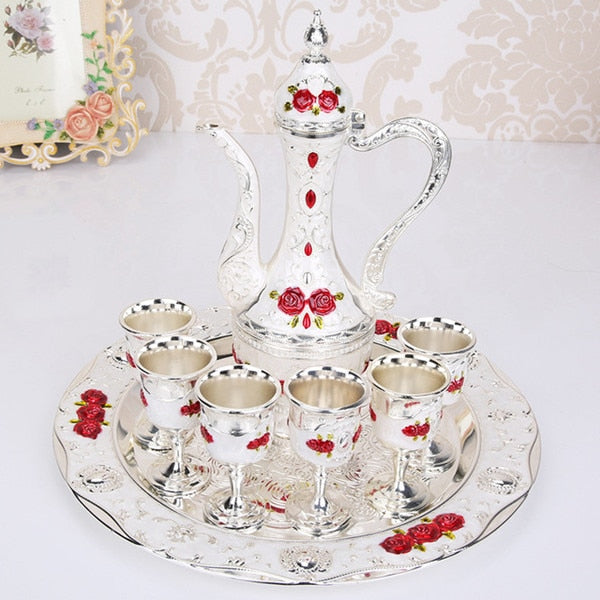 Retro Palace Wine Set Wedding Zinc Alloy Metal Gold/Silver And White Flagon Gift Set Home Decor 8Pcs=1 Plate+ 1 Wine Pot +6Cups