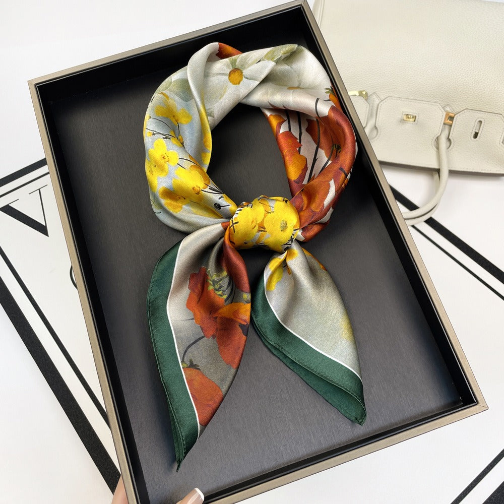 Silk printed square scarf for women, silk scarf, mulberry silk scarf, luxury retro headscarf