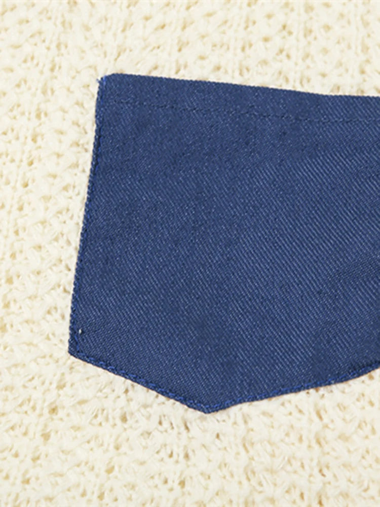 Women's 2 Pcs Set Denim Patch Design Knitted O-neck Short Pullover Elastic Waist Miniskirts Autumn New Fashion