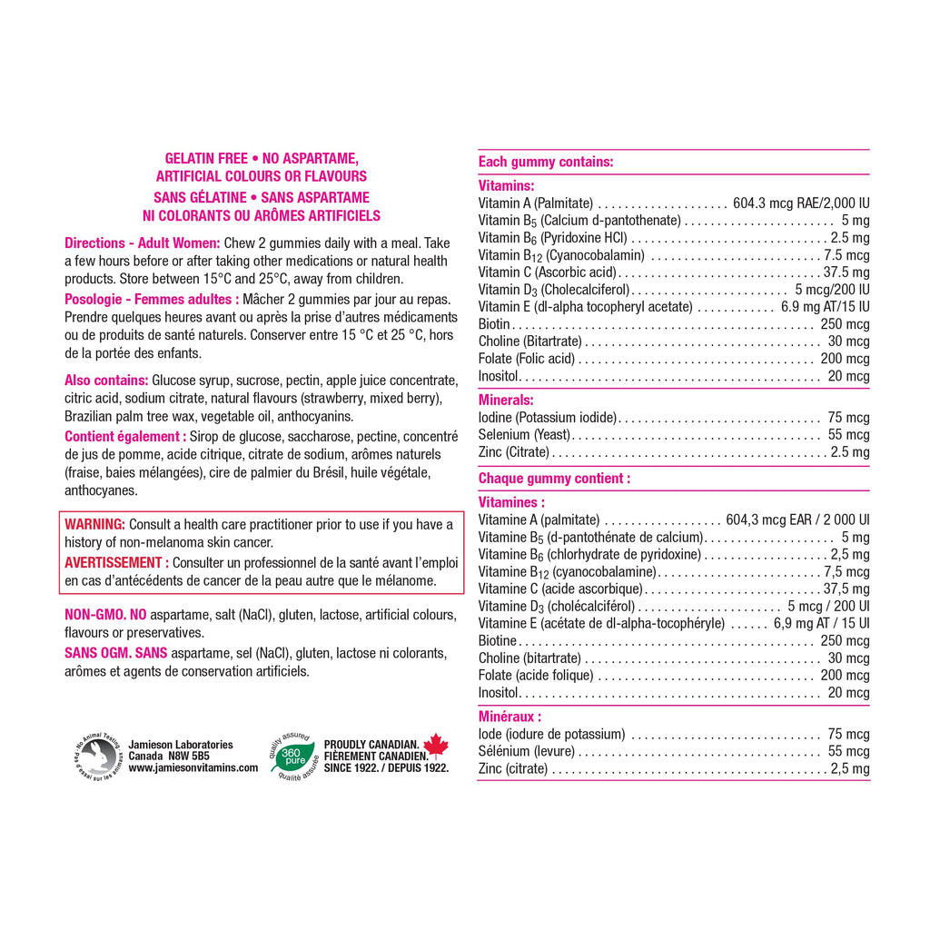 Jamieson Multivitamin Gummies for Women, 130 Gummies Mixed Berry Flavour. Supports Bone Health, Immunity, Energy, Hair, Skin Nails. With Biotin and Vitamin B12, Vegetarian, Non-GMO 🍁 All In One Marketplace Canada