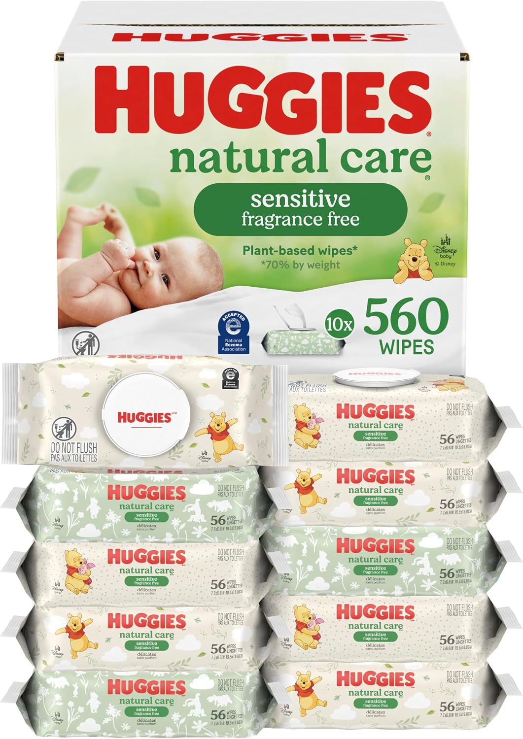 Huggies Sensitive Baby Wipes, Natural Care Baby Diaper Wipes, Unscented, Hypoallergenic, 99% Purified Water, 10 Flip-Top Packs (560 Wipes Total)