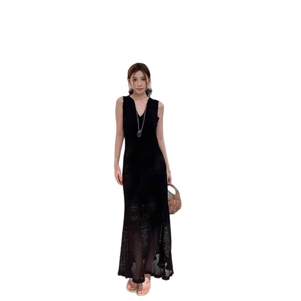 Chic Hollow Knit Dress, Sleeveless Long Dress