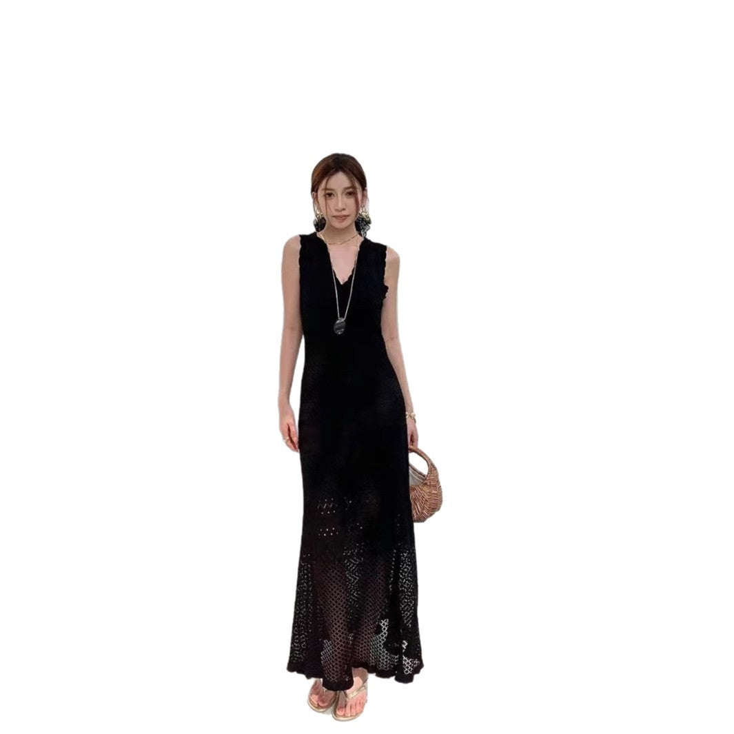 Chic Hollow Knit Dress, Sleeveless Long Dress