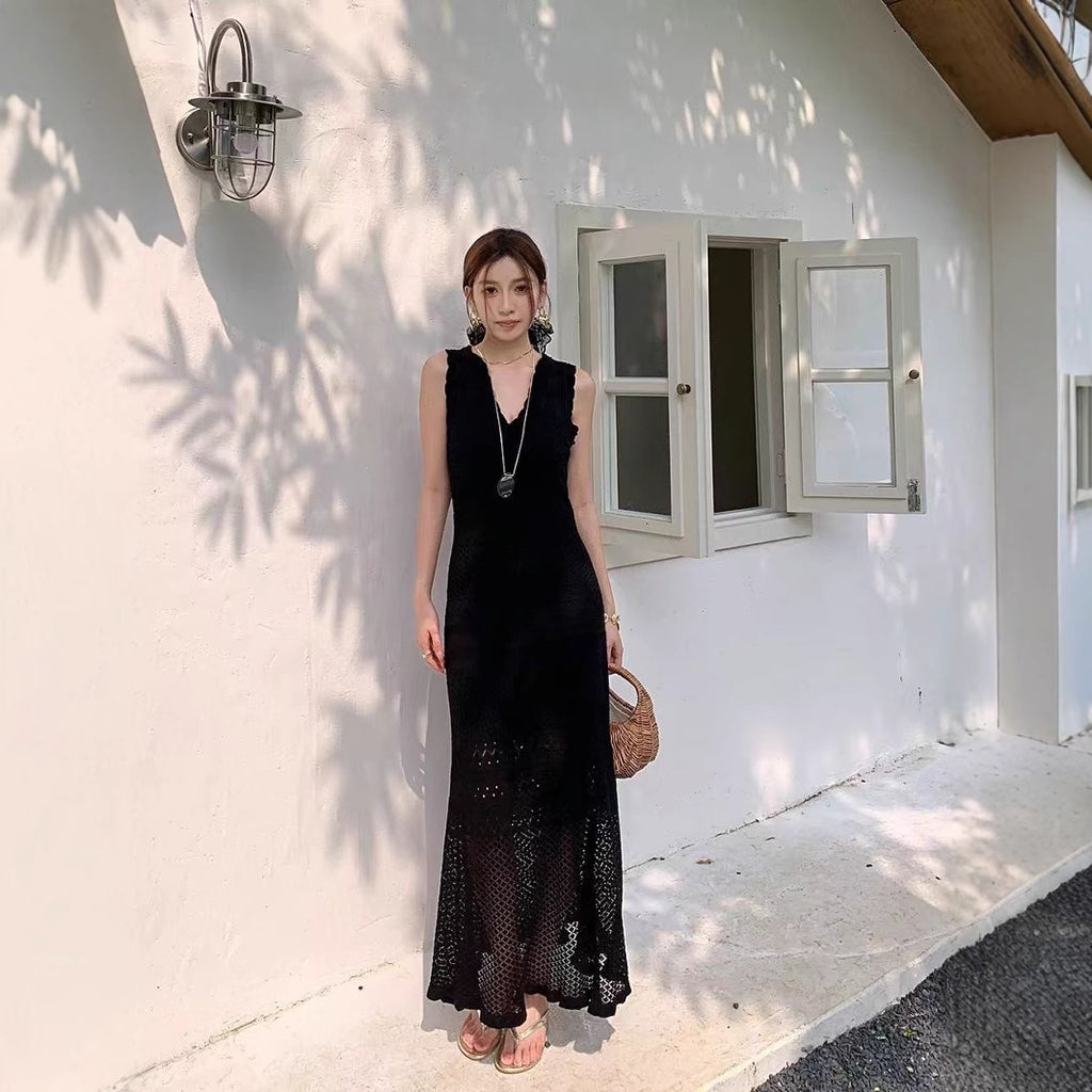 Chic Hollow Knit Dress, Sleeveless Long Dress