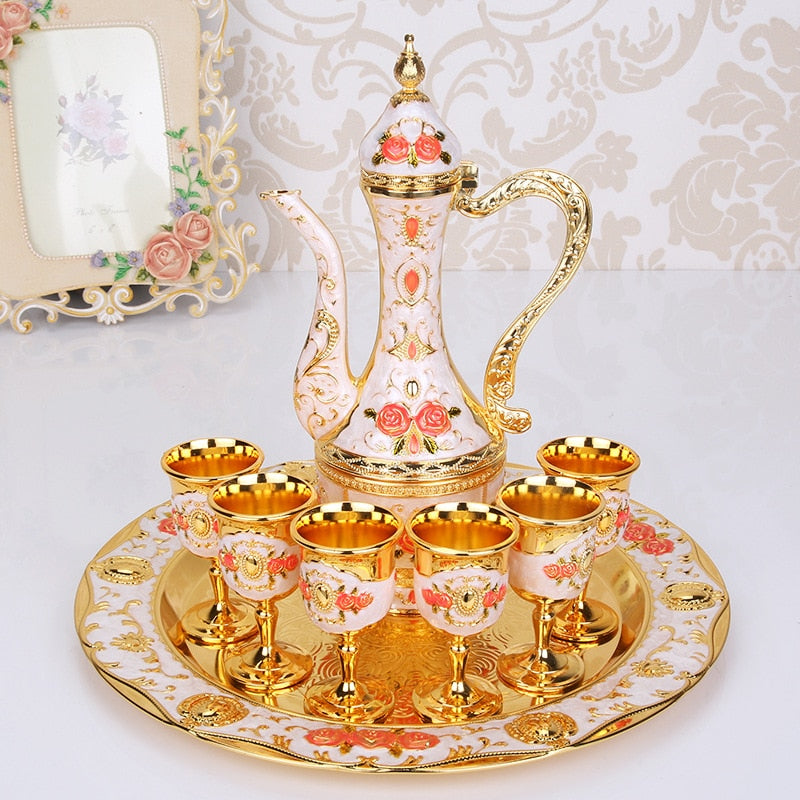 Retro Palace Wine Set Wedding Zinc Alloy Metal Gold/Silver And White Flagon Gift Set Home Decor 8Pcs=1 Plate+ 1 Wine Pot +6Cups