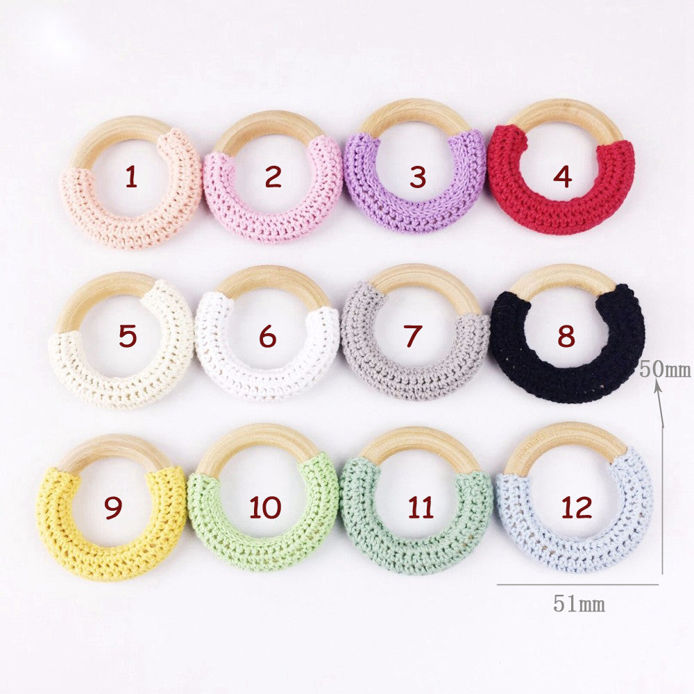 Let's Make Wood Teether Baby Teething 10pc Toy Natural Maple Cotton Wooden Ring Chunky Crochet Ring Teething Ring Baby teether