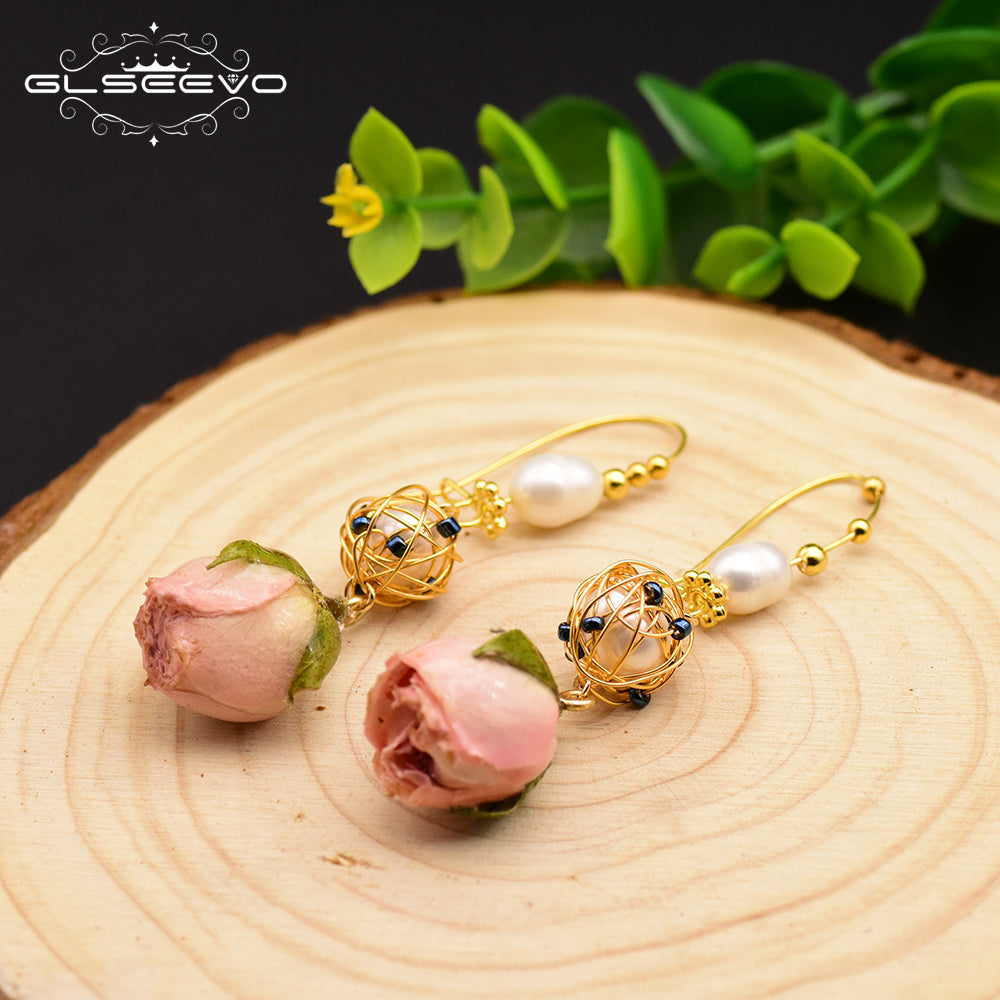 GLSEEVO Natural Fresh Water Baroque Pearl Dangle Earrings For Women Flower Drop Earrings Wedding Gifts Fine Jewellery