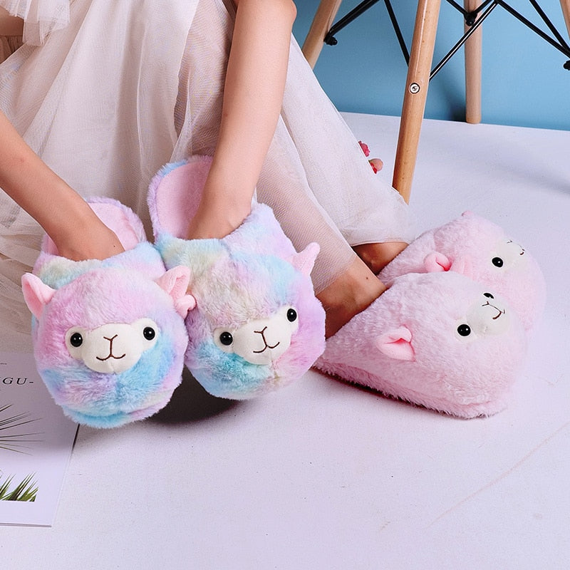 Cute Cartoon Alpaca Home Women Fur Slippers Winter Warm Plush Parent-child Floor Slides House Flat Bedroom Women Furry Slippes