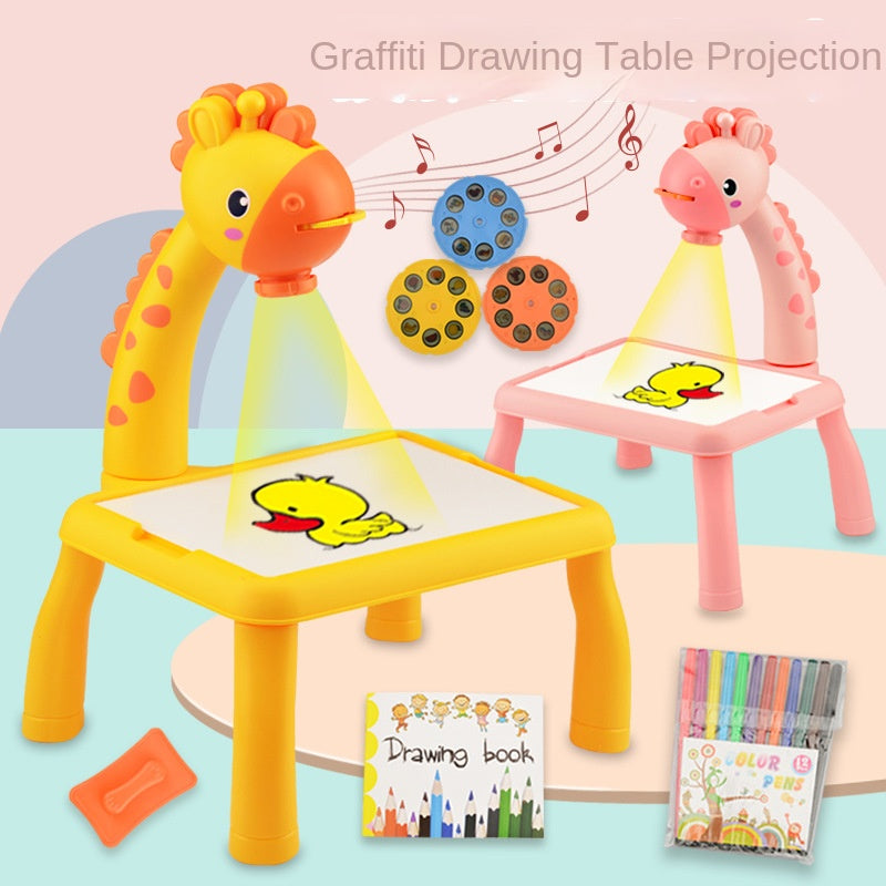 Multi functional toy set with sound and light projection for drawing deer shaped children's graffiti and writing board