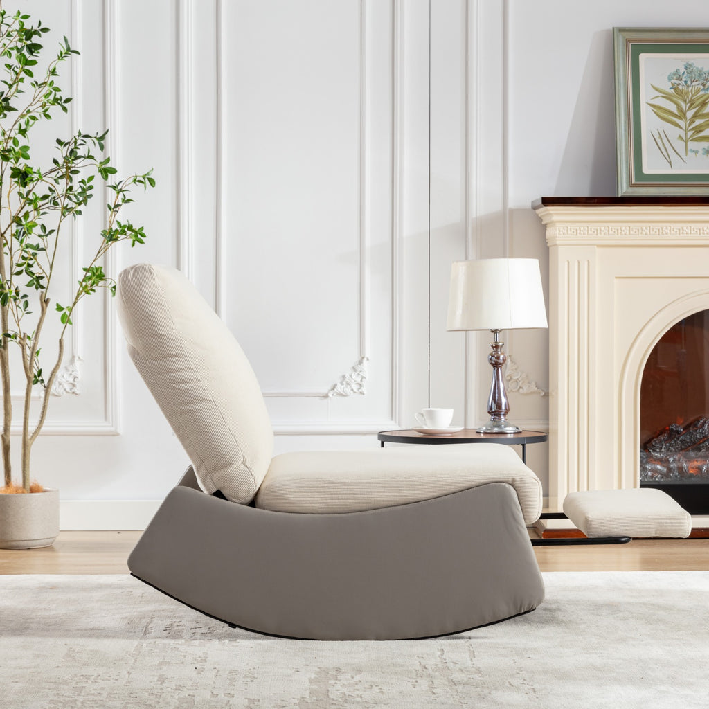 Modern rocking chair recliner, comfortable cushioned recliner with footstool, gray