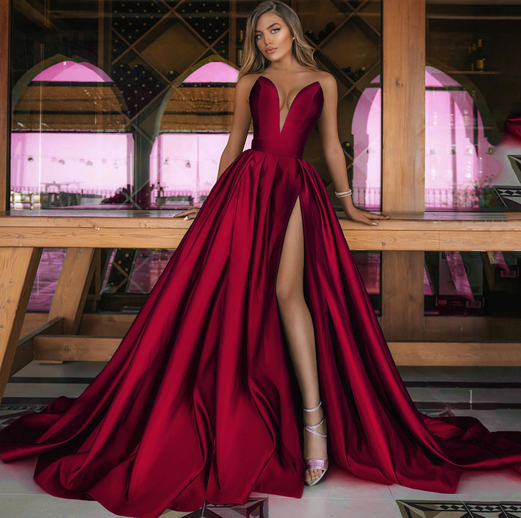 Style Deep V-Neck Sleeveless Forked Hem Long Dress Wedding Dress