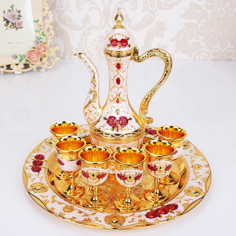 Retro Palace Wine Set Wedding Zinc Alloy Metal Gold/Silver And White Flagon Gift Set Home Decor 8Pcs=1 Plate+ 1 Wine Pot +6Cups