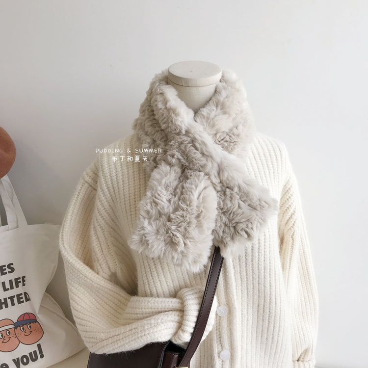Plush cross necked milk tea colored faux rabbit hair scarf fur