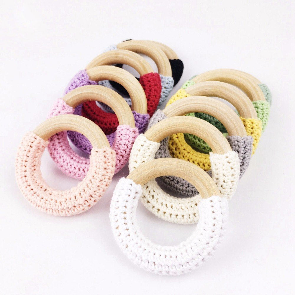 Let's Make Wood Teether Baby Teething 10pc Toy Natural Maple Cotton Wooden Ring Chunky Crochet Ring Teething Ring Baby teether