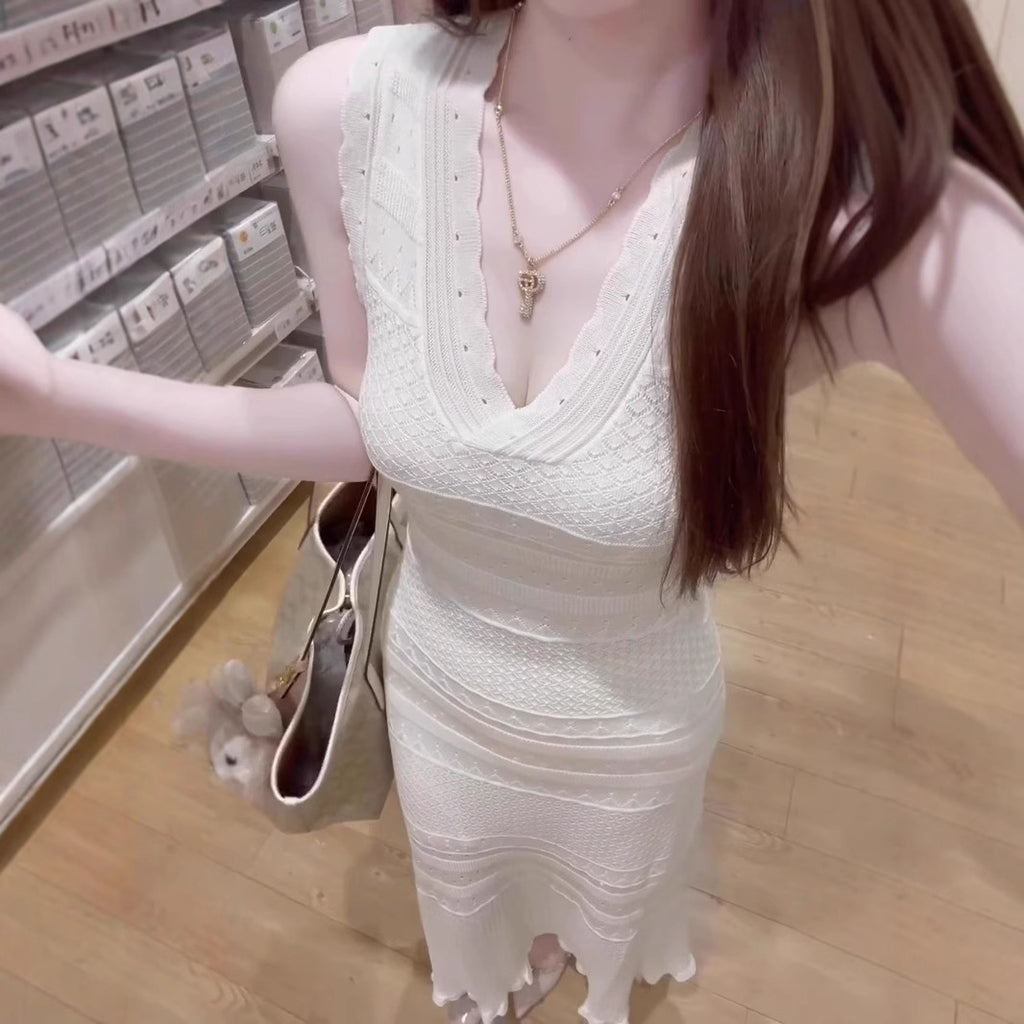 Chic Hollow Knit Dress, Sleeveless Long Dress