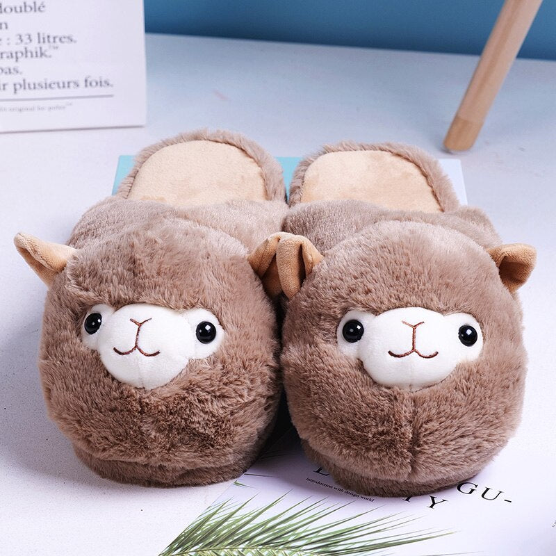 Cute Cartoon Alpaca Home Women Fur Slippers Winter Warm Plush Parent-child Floor Slides House Flat Bedroom Women Furry Slippes
