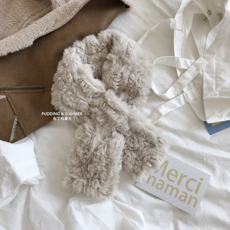Plush cross necked milk tea colored faux rabbit hair scarf fur