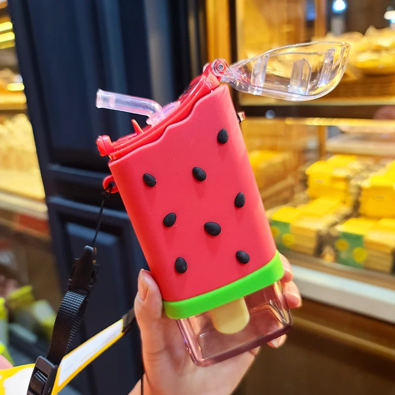 New Summer Cute Donut Ice Cream Water Bottle With Straw Creative Square Watermelon Cup Portable Leakproof Tritan Bottle BPA Free