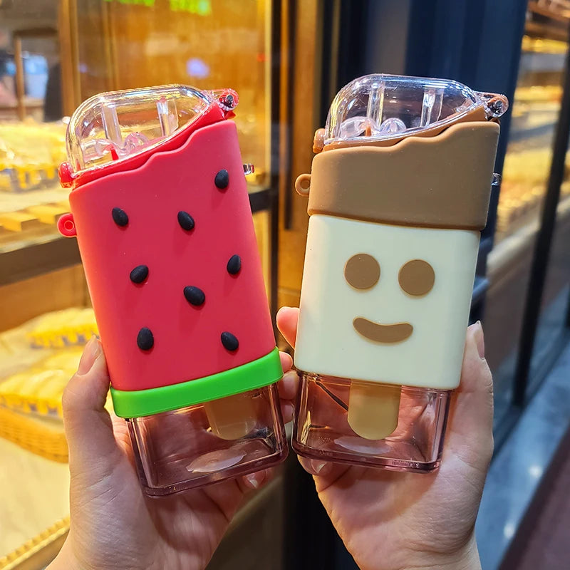 New Summer Cute Donut Ice Cream Water Bottle With Straw Creative Square Watermelon Cup Portable Leakproof Tritan Bottle BPA Free