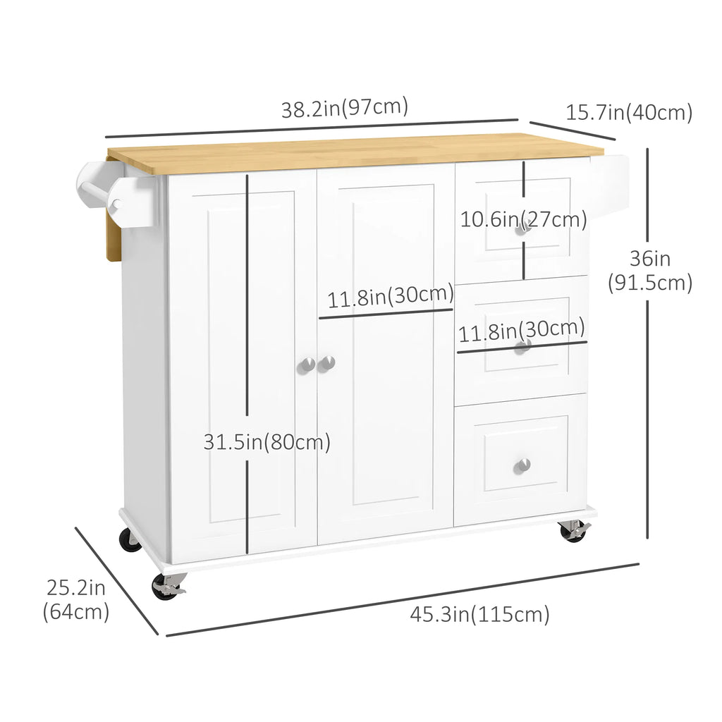 Rolling Kitchen Island Cart with Drop Leaf – 3 Drawers, Cabinet, Spice Rack & Towel Rack (United States & Canada Delivery Only)
