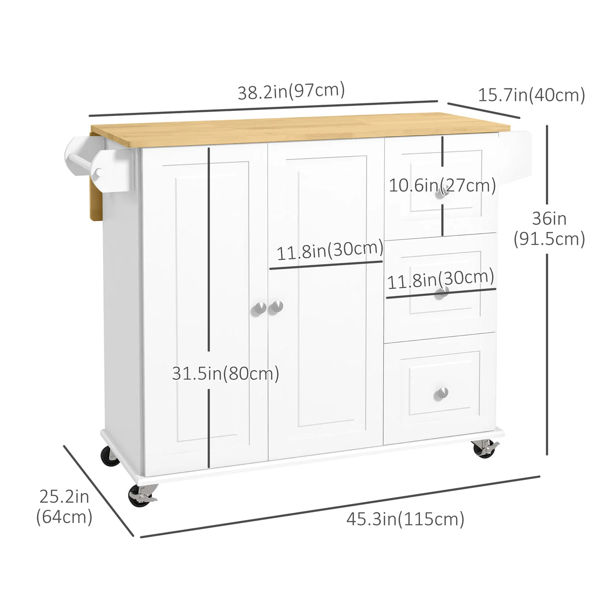 Rolling Kitchen Island Cart with Drop Leaf – 3 Drawers, Cabinet, Spice Rack & Towel Rack (United States & Canada Delivery Only)