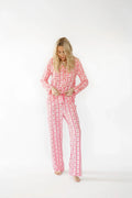 Pink Strawberry & Cherry Bows Adult Button Down Long Sleeve Pajama Top
